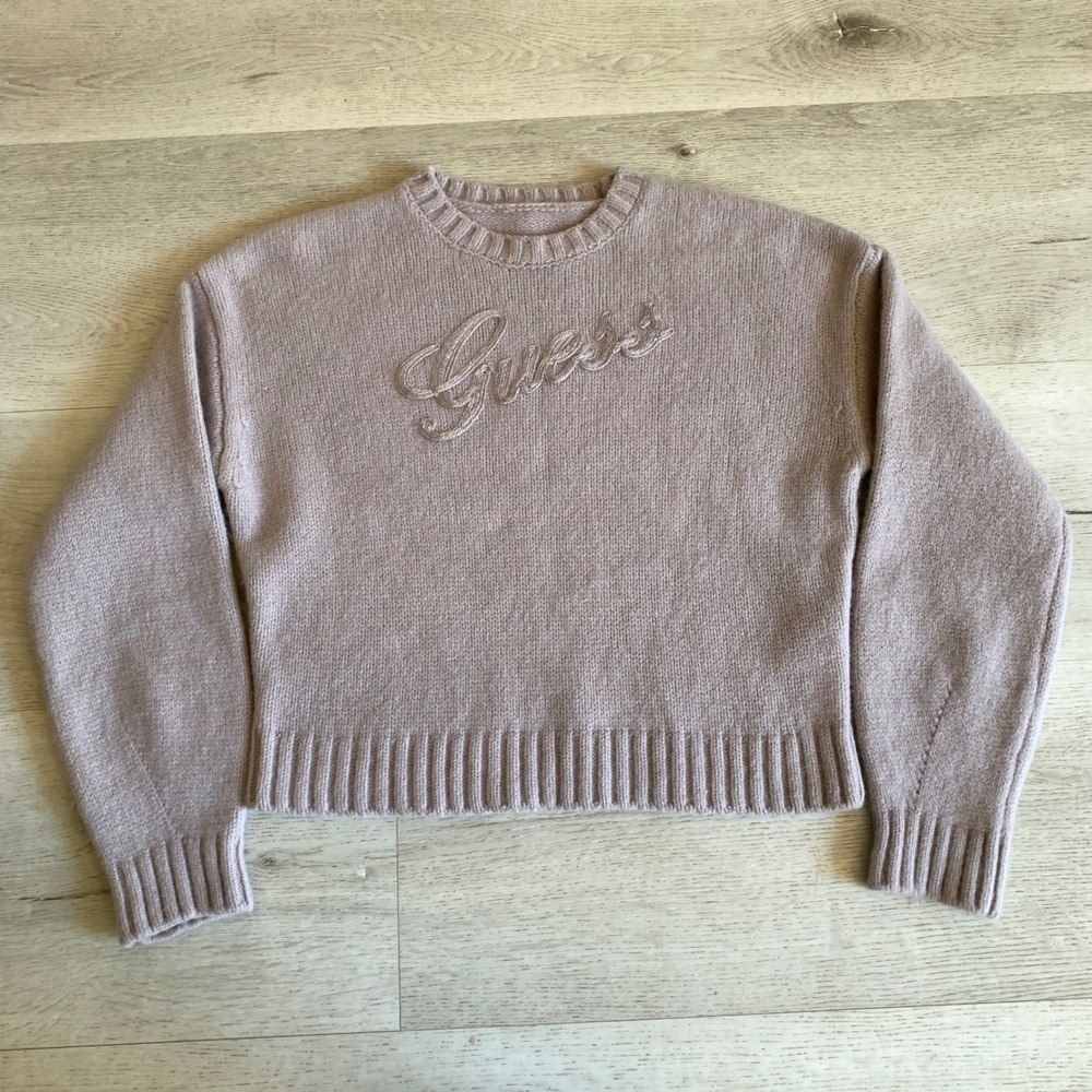 Guess Womens 100% Wool Script Logo Crewneck Sweater Mauve Taupe W4BR48 Z3JG0 M